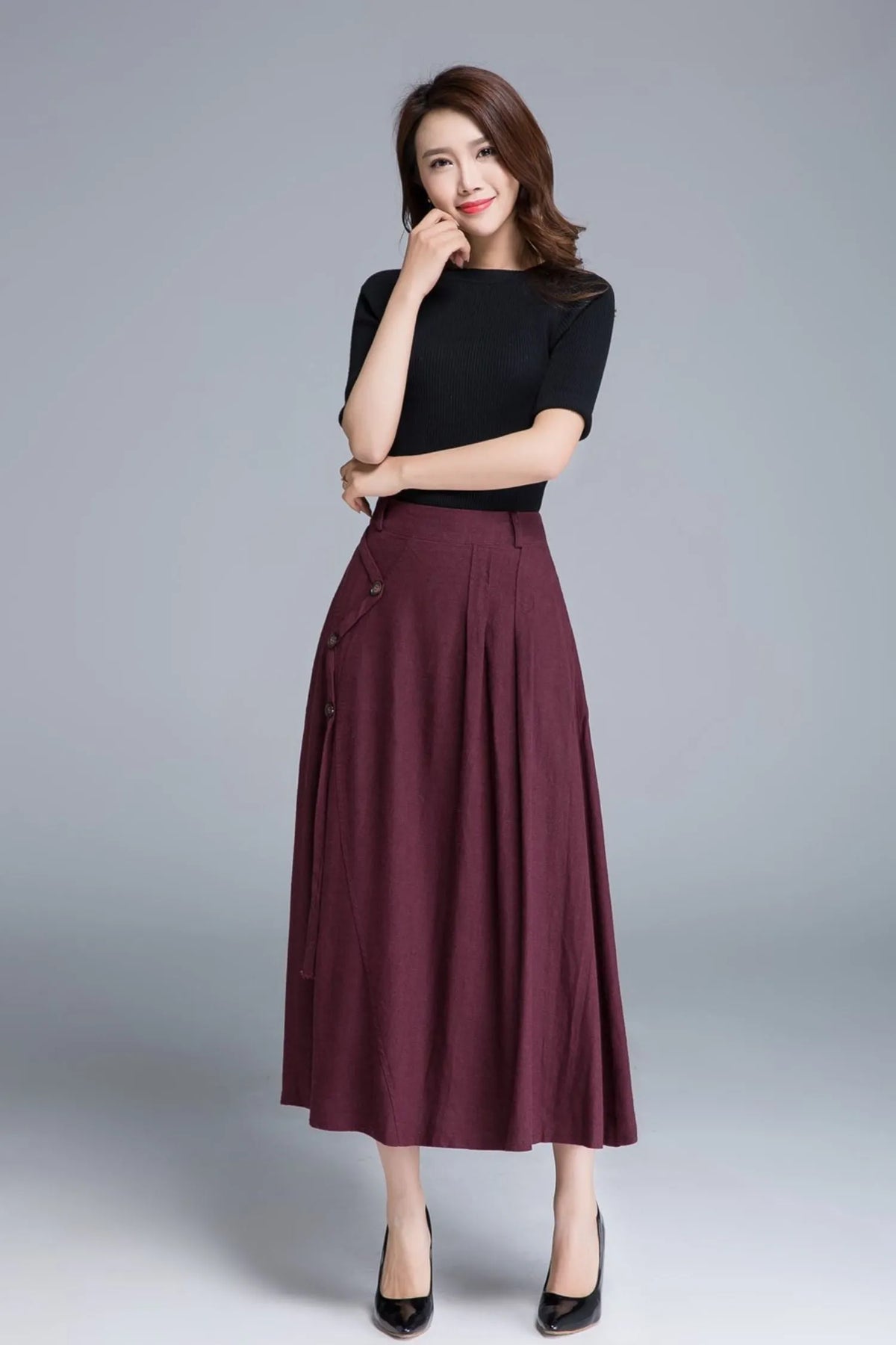 Burgundy Linen Maxi Skirt - High-Waist A-Line Pockets 