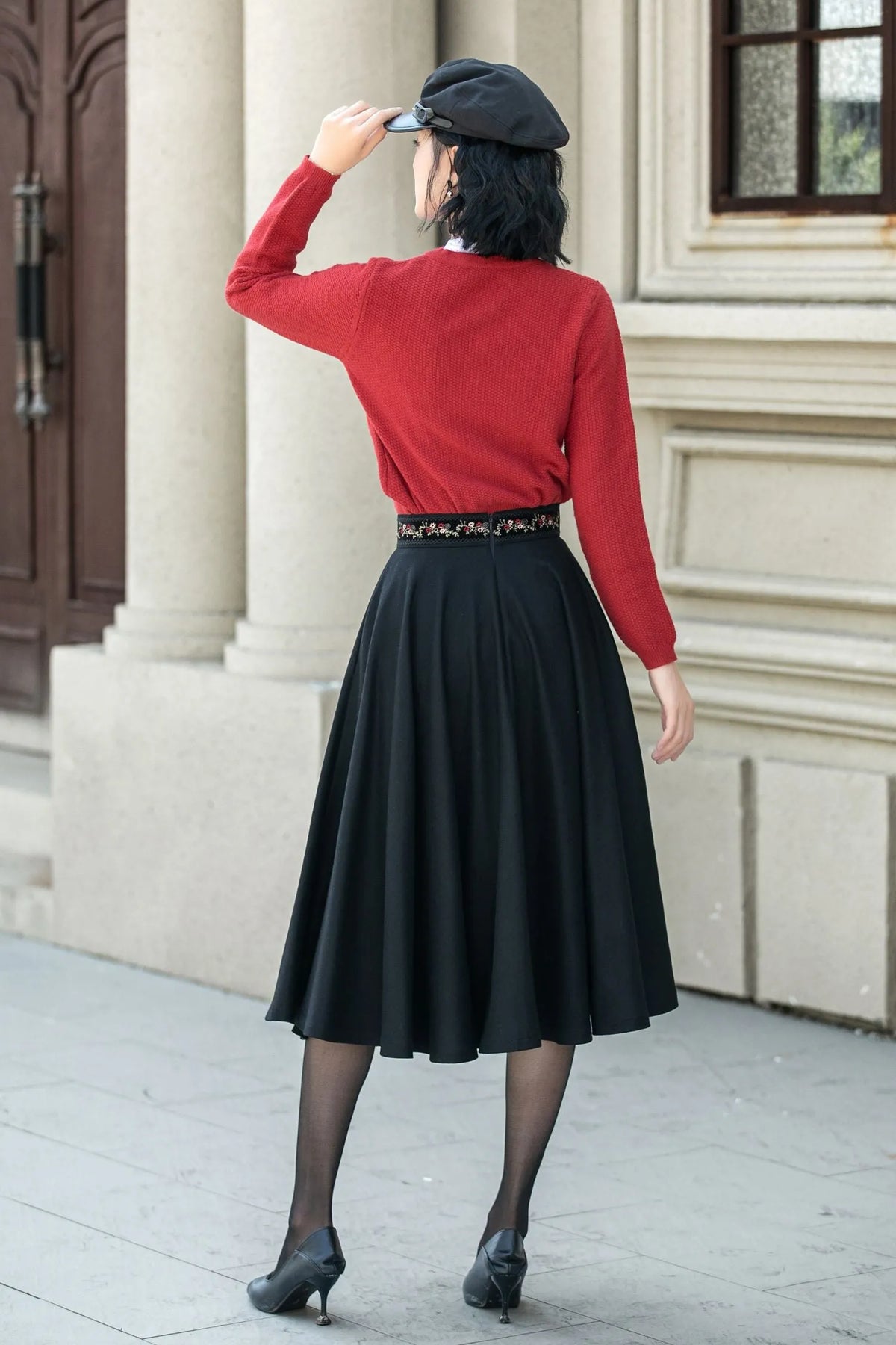 Black Wool Midi Skirt - Embroidered Waist A-Line Circle Skirt 5310