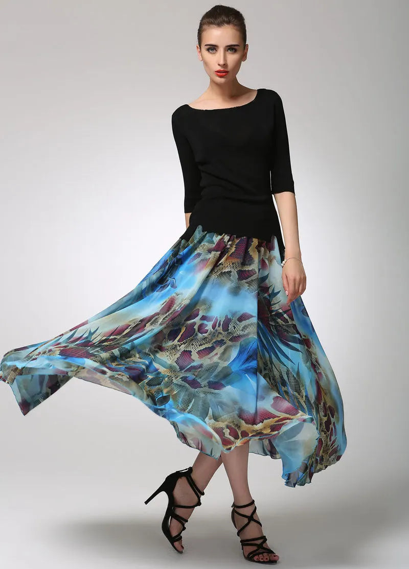 Abstract Print Chiffon Maxi Skirt for Women with Elastic Waist 