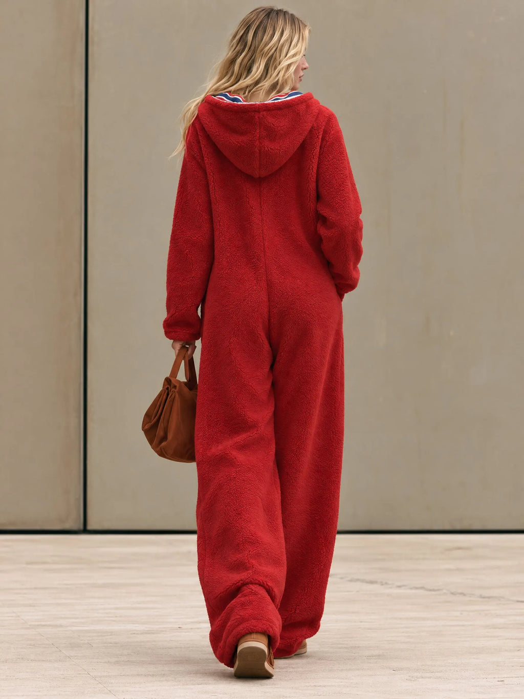 Casual Loose Striped Hooded Red Fleece Jumpsuit