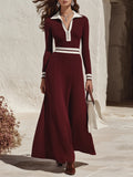 Nautical Sporty Vibe Burgundy White Trim Half Zip Rib Knit Maxi Dress