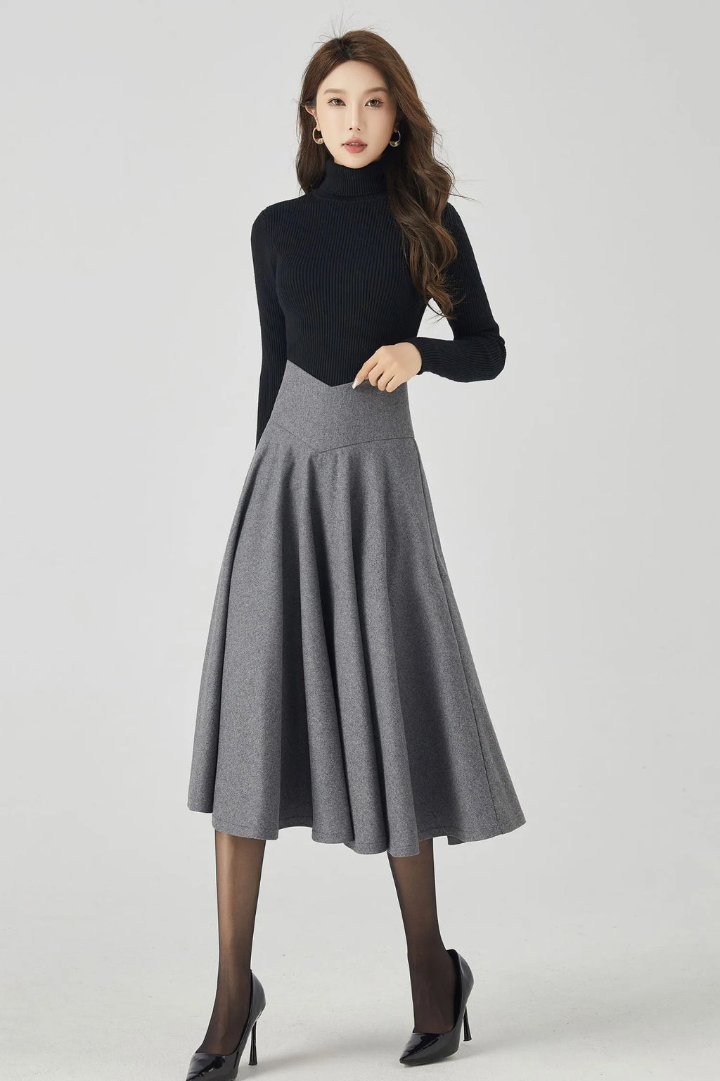 Handmade Deep Gray Wool Midi Skirt – Vintage V-Waist Circle Skirt for Winter Elegance 4534