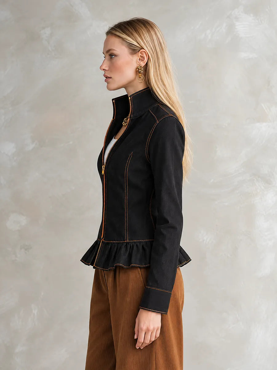 Black Zip Front Peplum Jacket