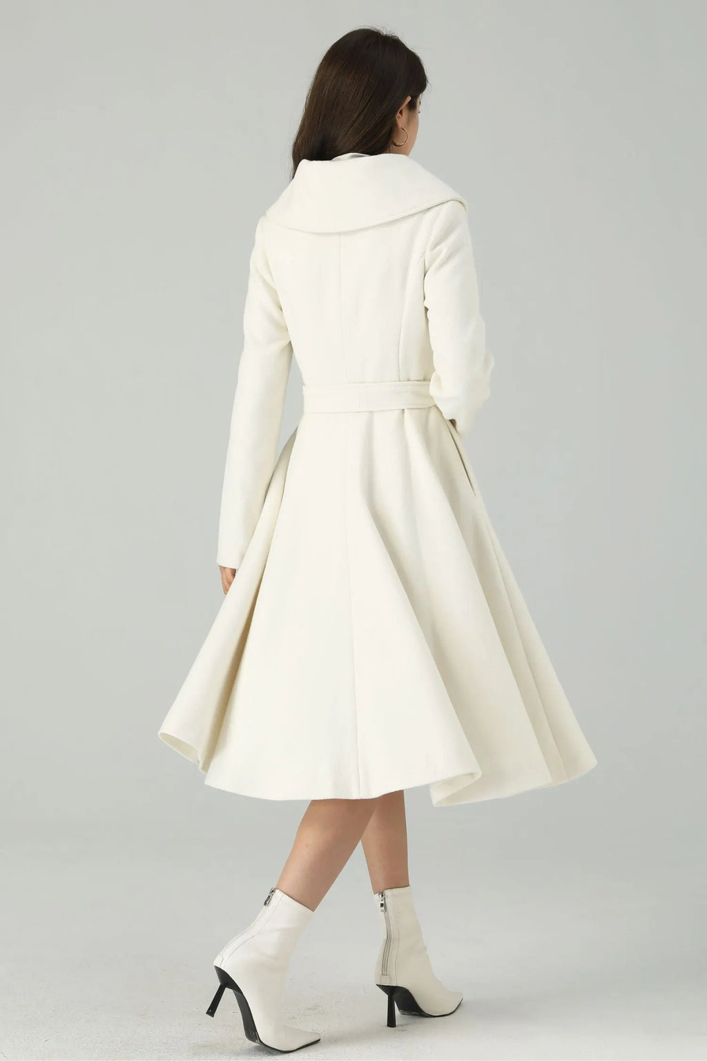 White Wool Blend Knee-Length Coat - Princess Silhouette with Belt 4520