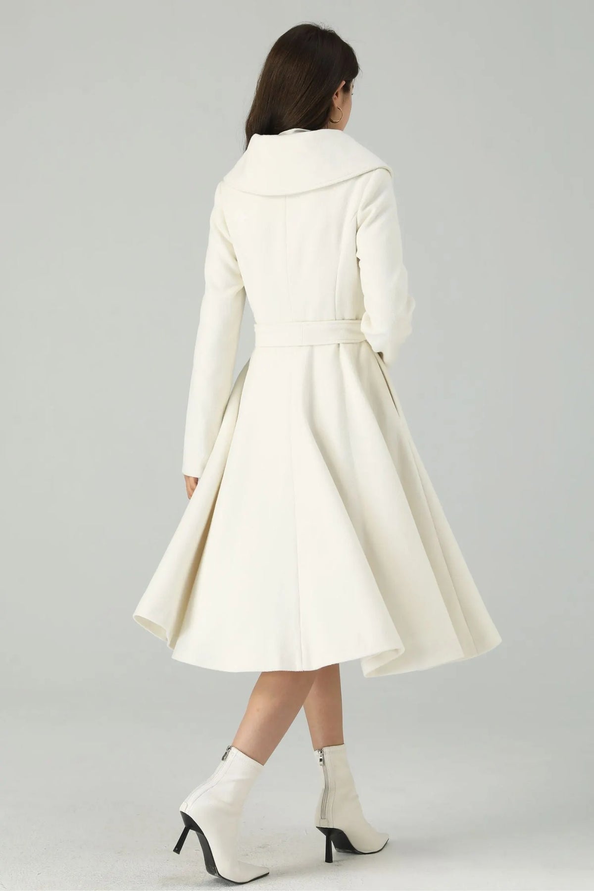 White Wool Blend Knee-Length Coat - Princess Silhouette with Belt 4520