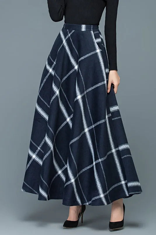 Navy Wool Plaid Maxi Skirt - Full Flowy Silhouette 3915