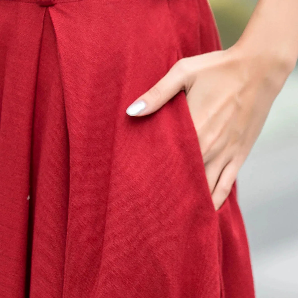 Red Cotton Linen Maxi Skirt - High-Waisted Pleated A-Line Swing 5516