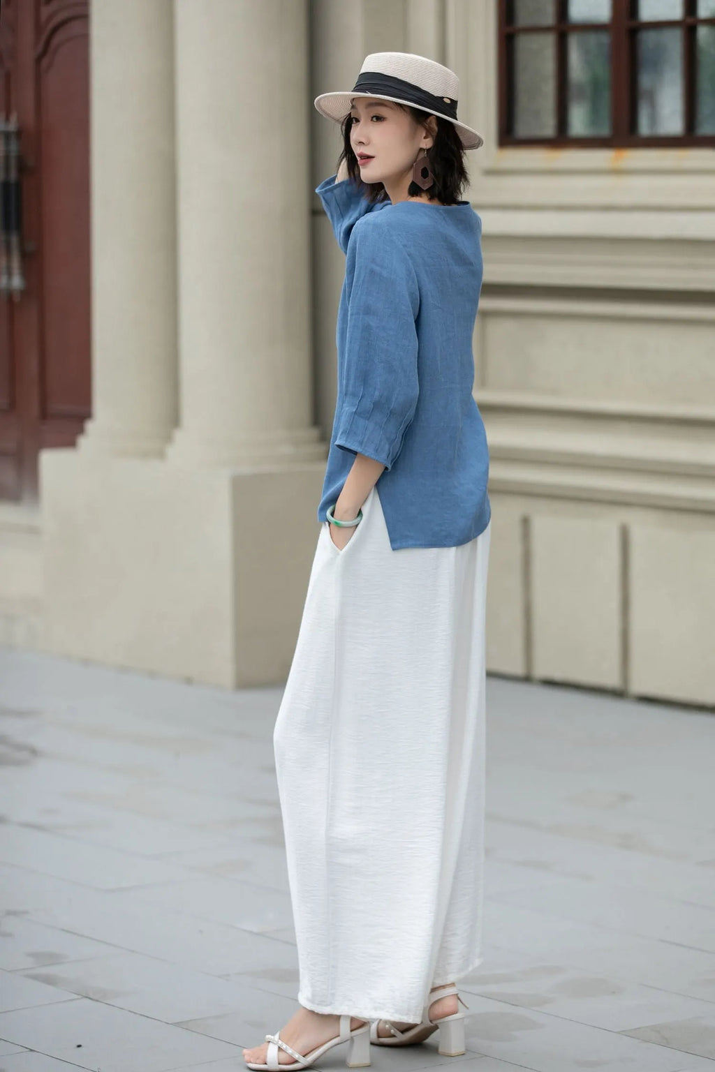 Blue Linen Blouse - Loose Fit with Boat Neckline 5221