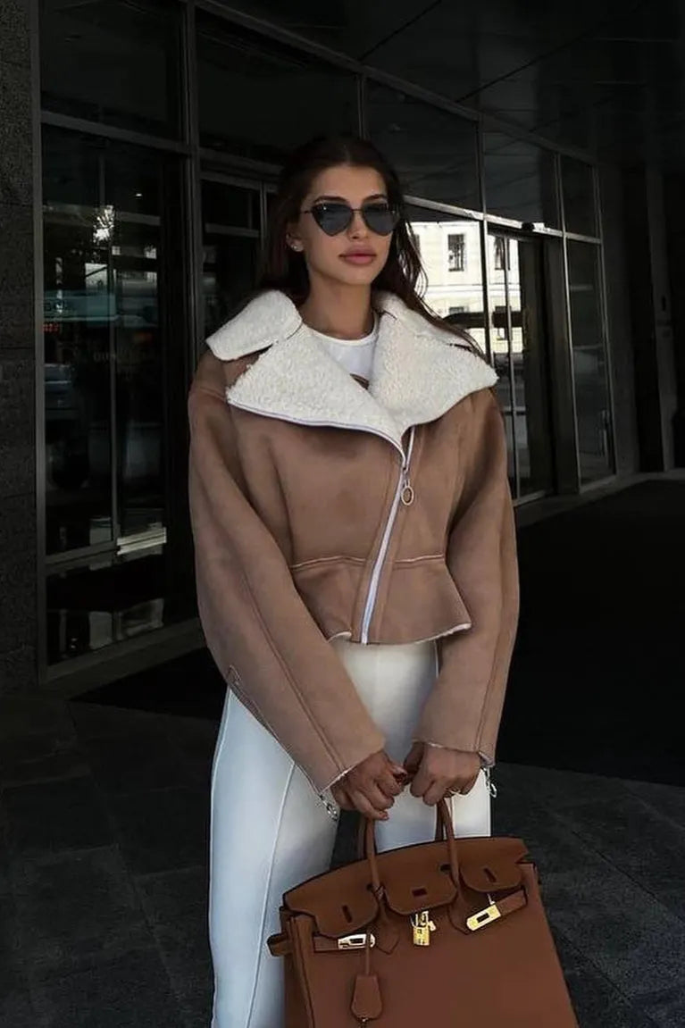 Chic Odd Zip Leather Fur Pieced Coat