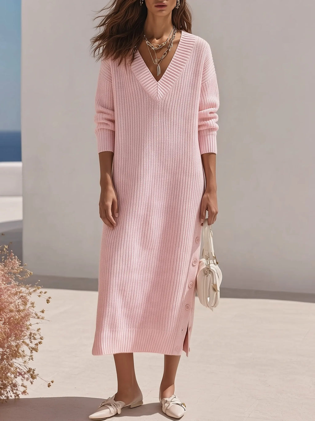Old Money Resort Light Pink V Ribbed Knit Midi Dress