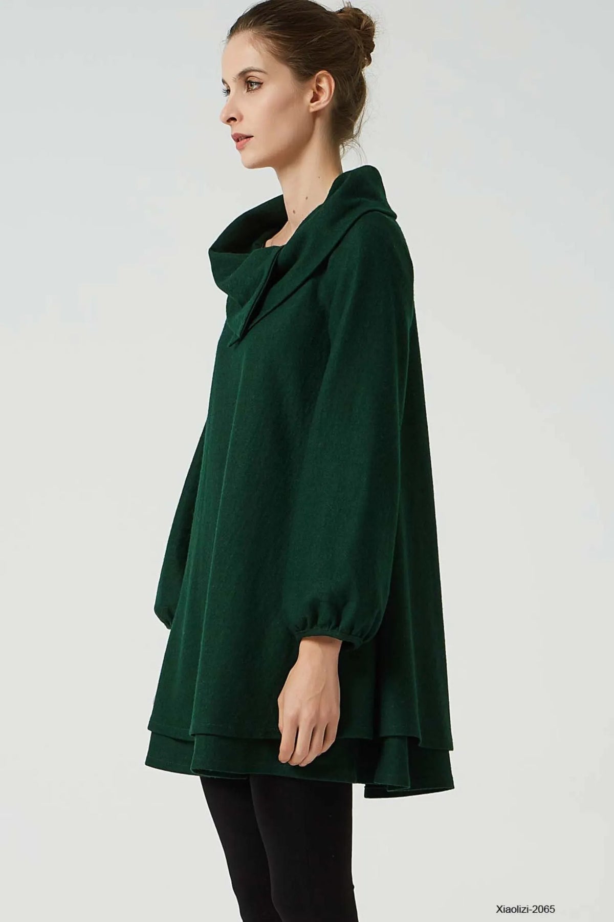 Army Green Wool Tunic Dress - Draped Cowl Neck & Layered Hem 2065