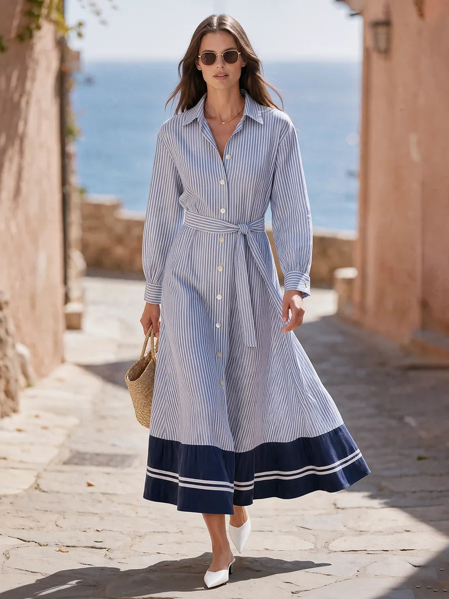 Nautical Blue And White Striped Long Sleeve Button Front Belted Waist Contrast Navy Border Hem Flowy Cotton Poplin Shirt