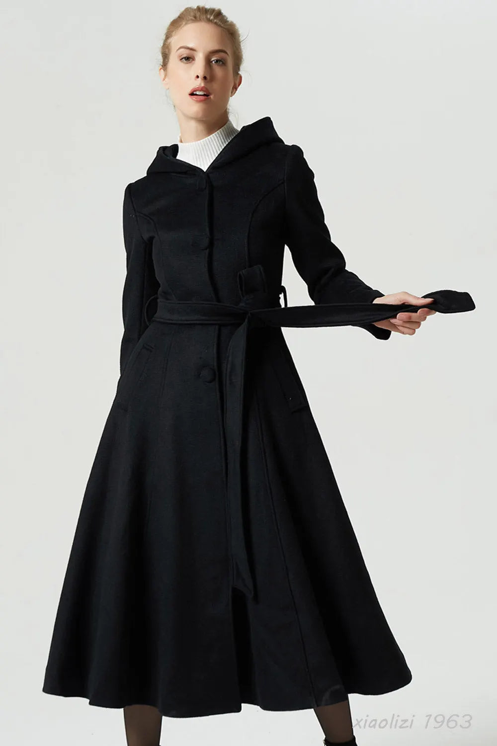 Handmade Black Wool Hooded Coat – Vintage Fit and Flare Maxi Winter Overcoat 
