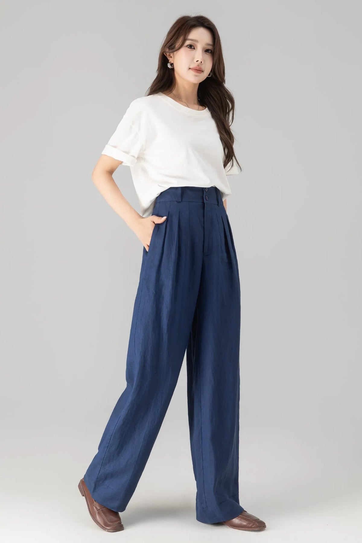 Blue Linen Cotton Wide Leg Pants - Palazzo High Rise 