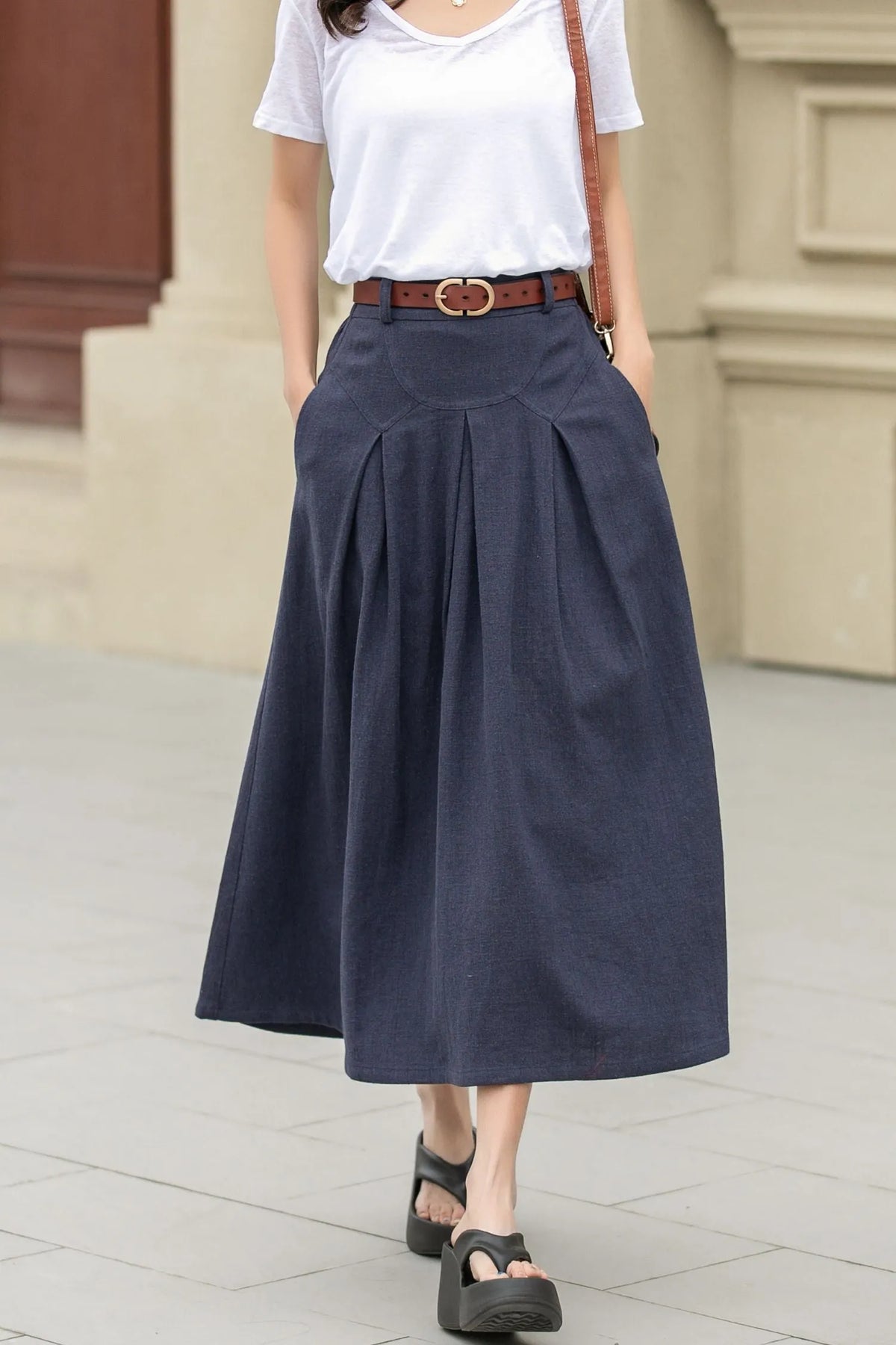 Dark Blue Linen Cotton Midi Skirt - A-Line with Pockets 4943