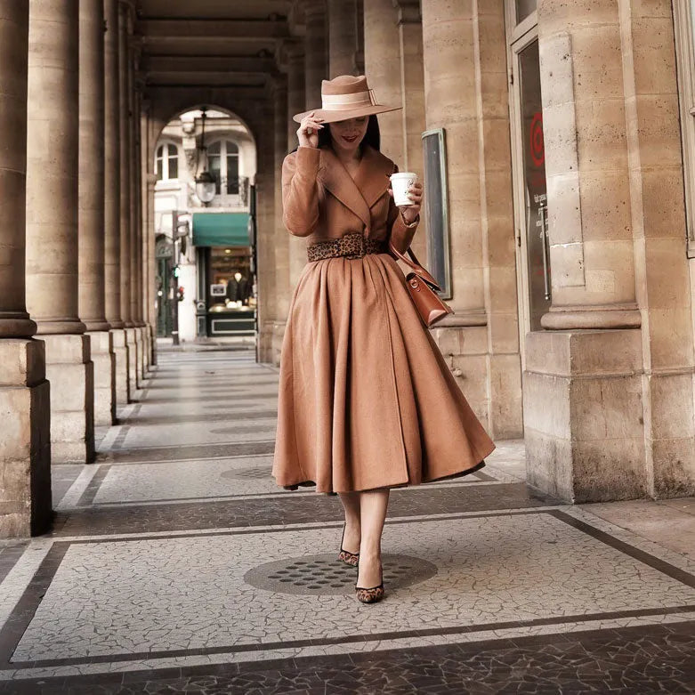 Elegant Camel Wool Blend Coat – Handmade Fit & Flare Midi Winter Coat 