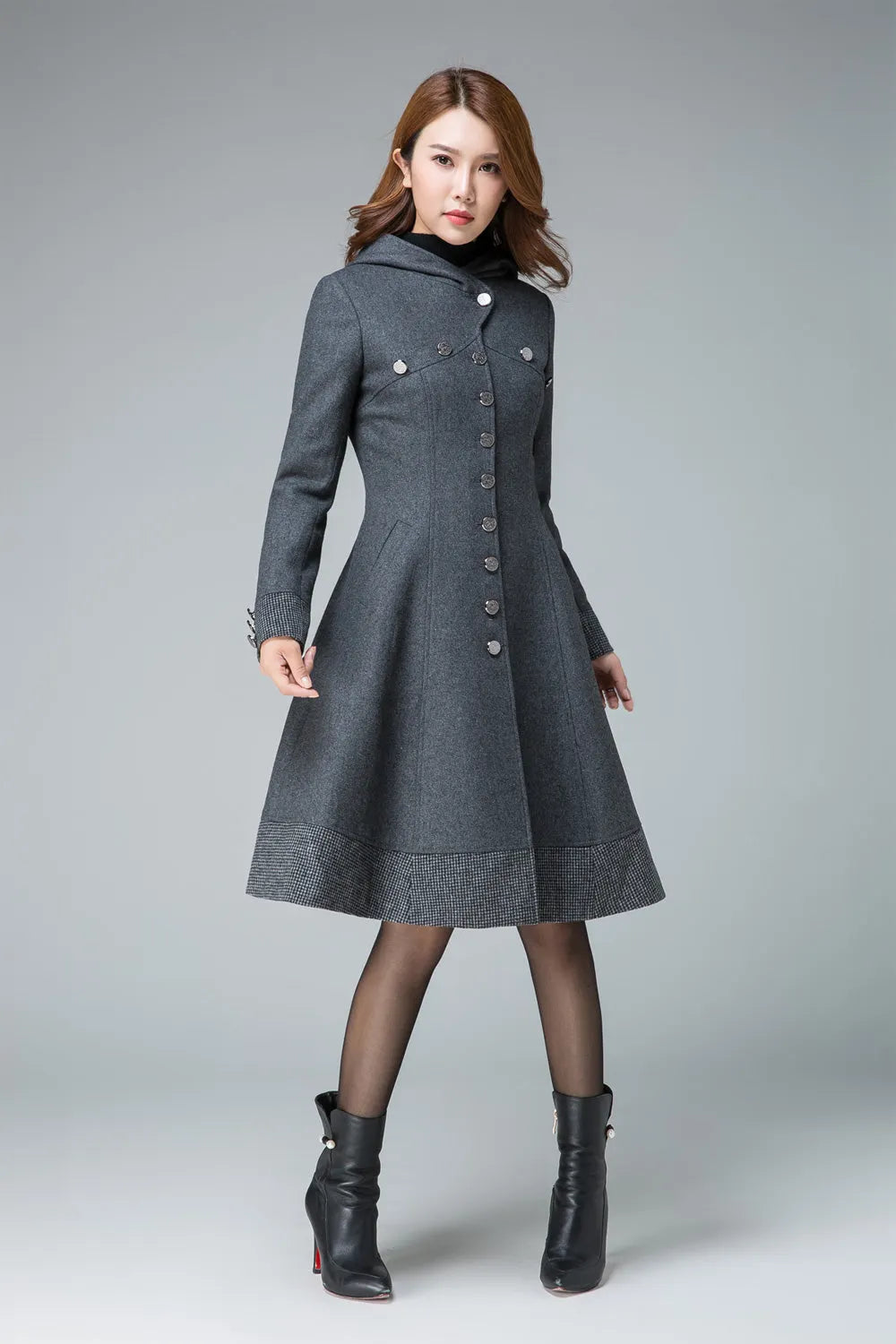 Dark Gray Wool Coat – Handmade Hooded A-line Winter Coat with Plaid Trim 