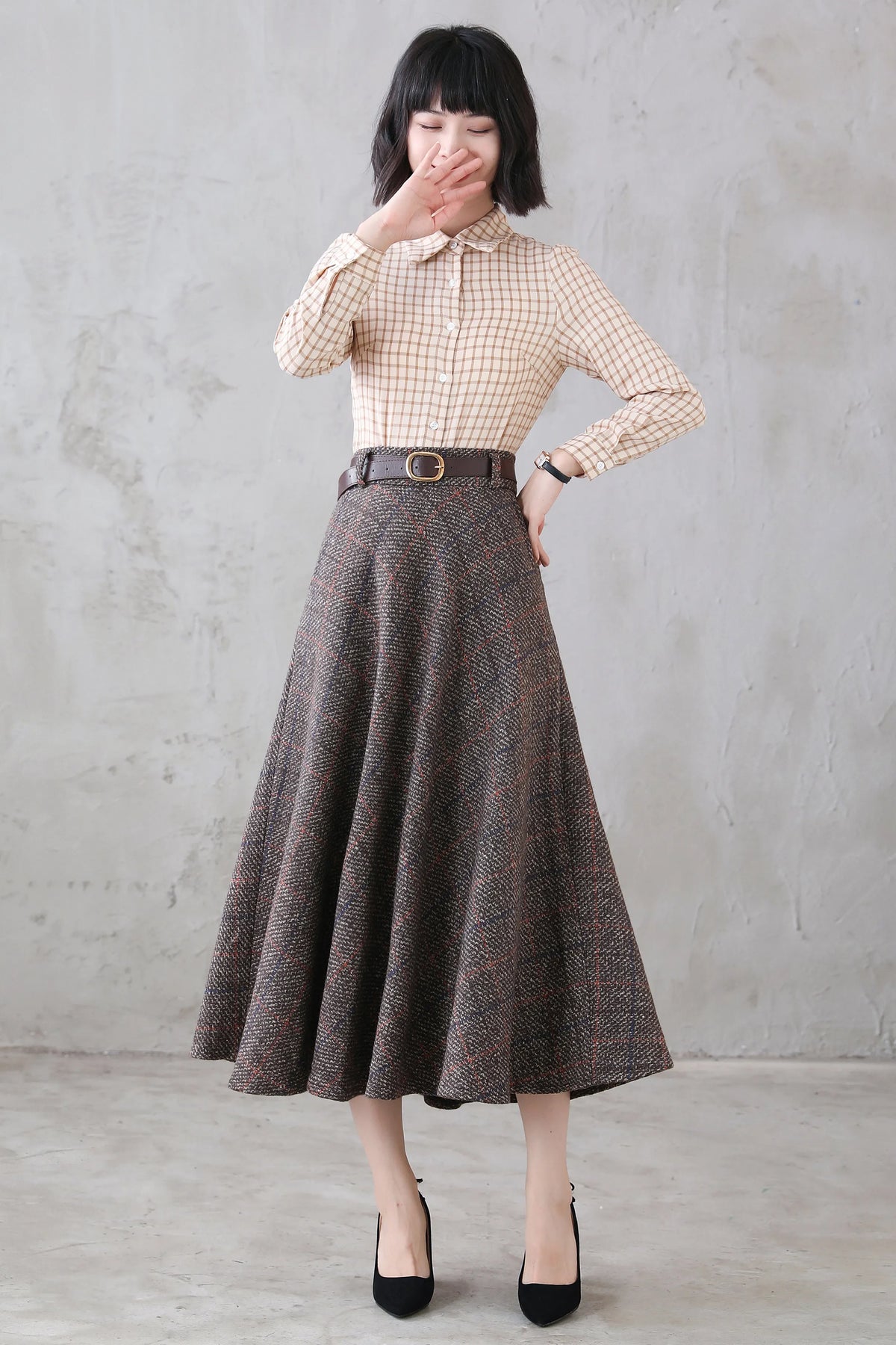 Coffee Plaid Wool Maxi Skirt - Retro Flared Ankle-Length 3119