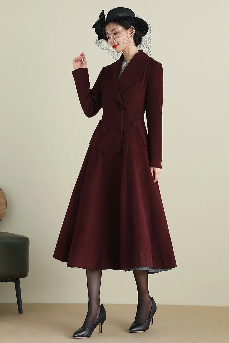 Elegant Wool Blend Coat – Double Breasted A-Line Long Overcoat 