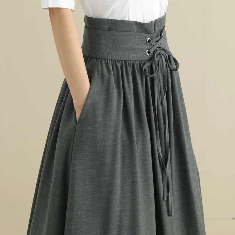 Green Linen Cotton Midi Skirt - Pleated High Waist with Drawstring 2788