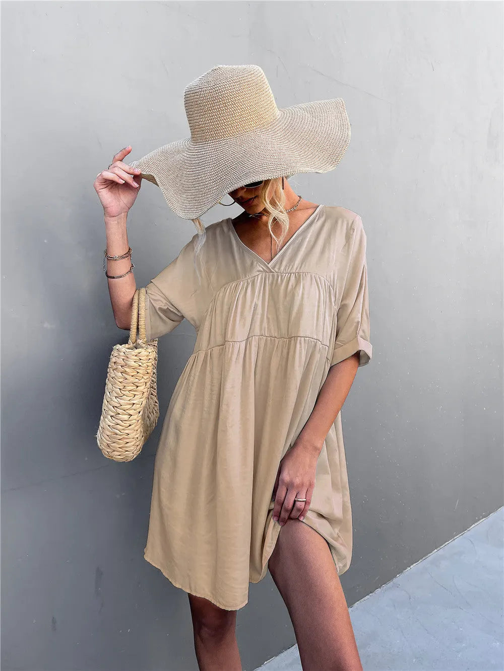 Goodness Cotton Pocketed Babydoll Dress - Khaki