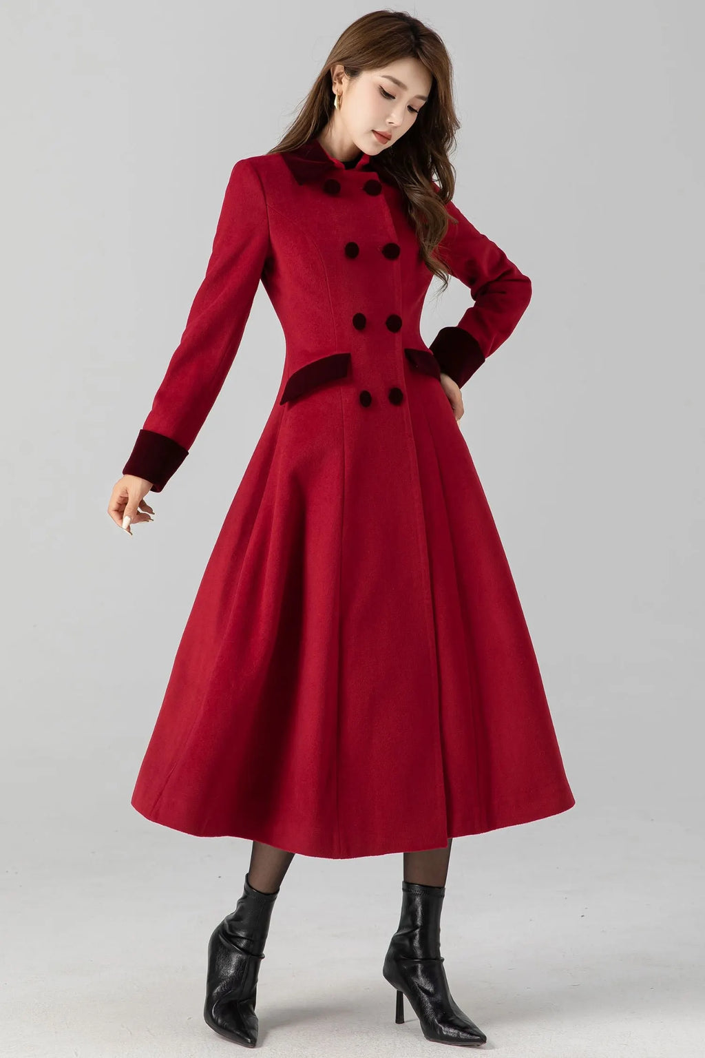Handmade Vintage Red Wool Coat – A-Line Double Breasted Winter 