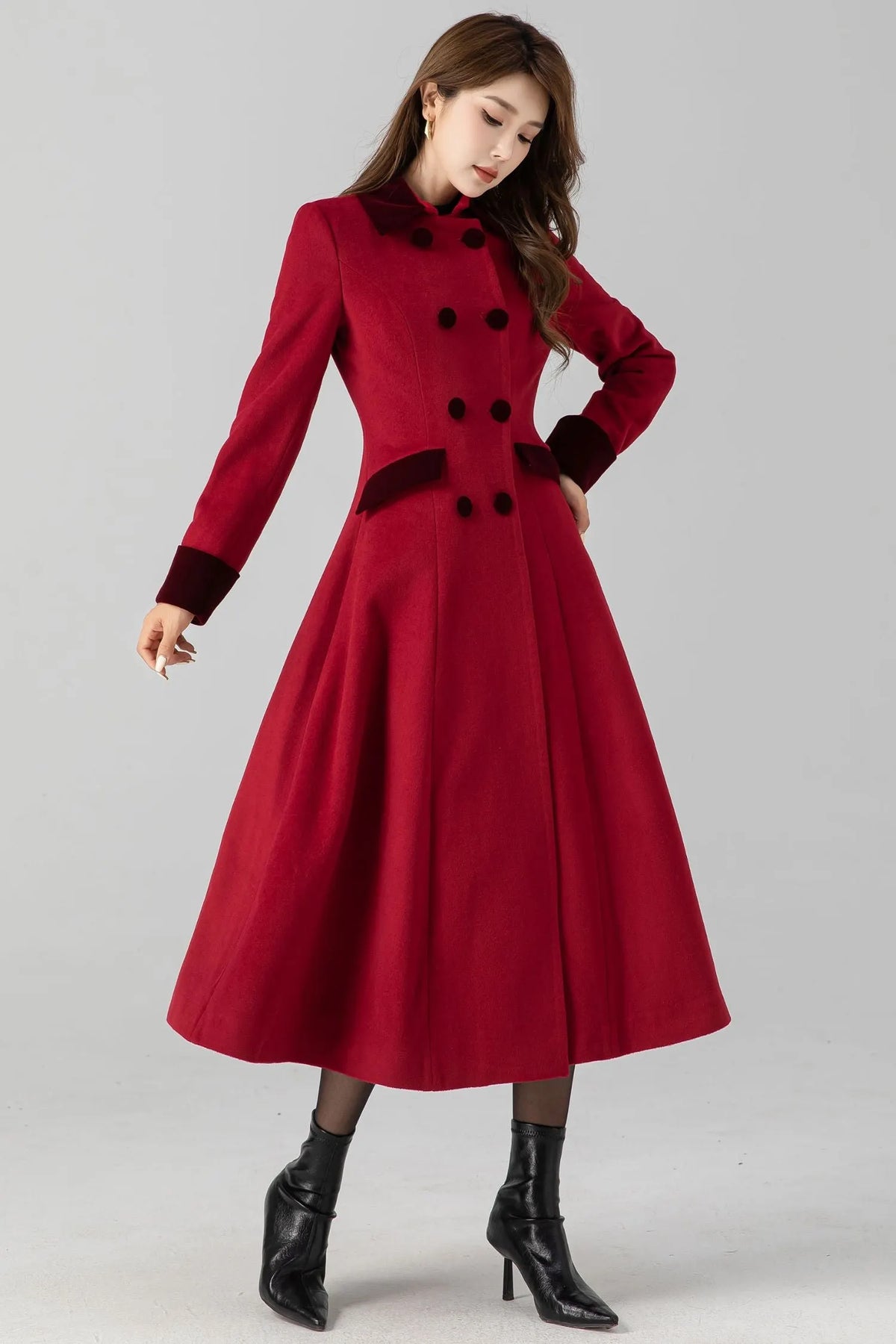 Handmade Vintage Red Wool Coat – A-Line Double Breasted Winter 