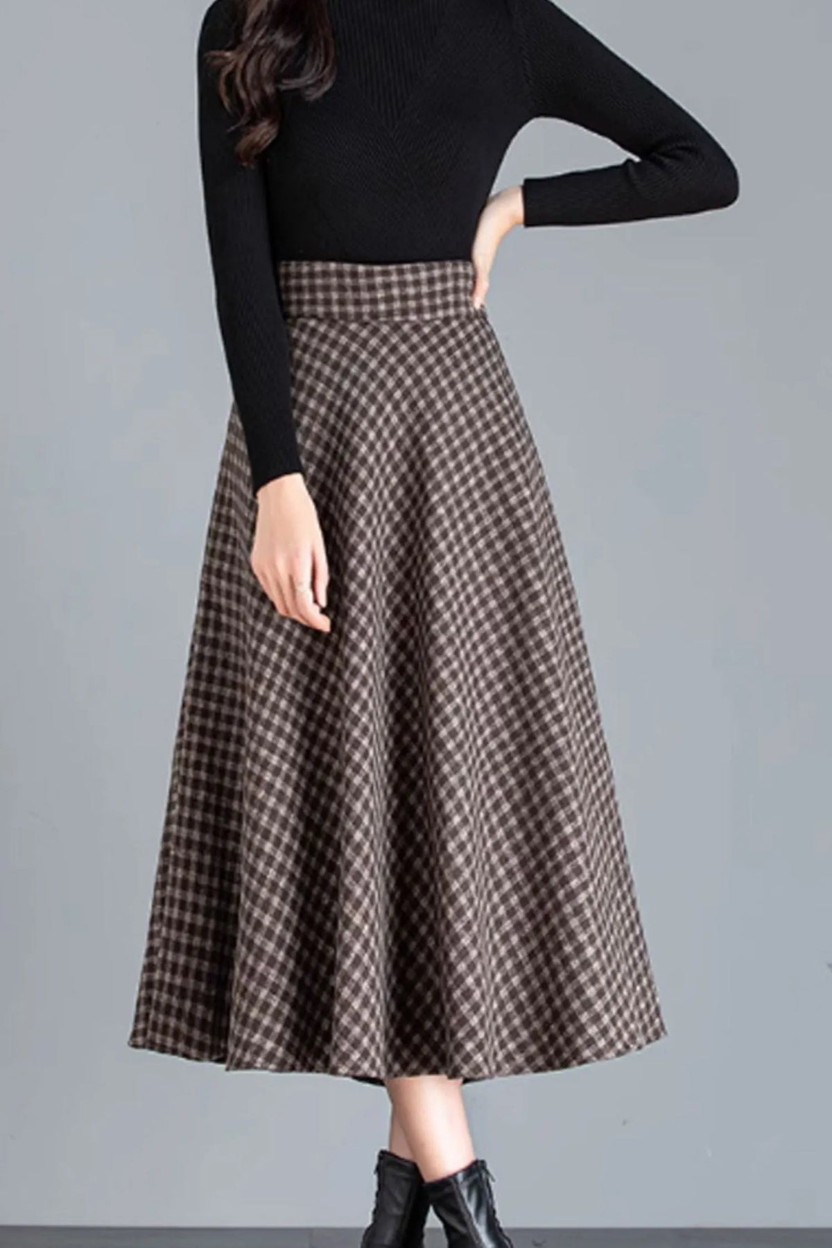 Brown Wool Midi Skirt - Vintage A-Line with Pockets 4644-1
