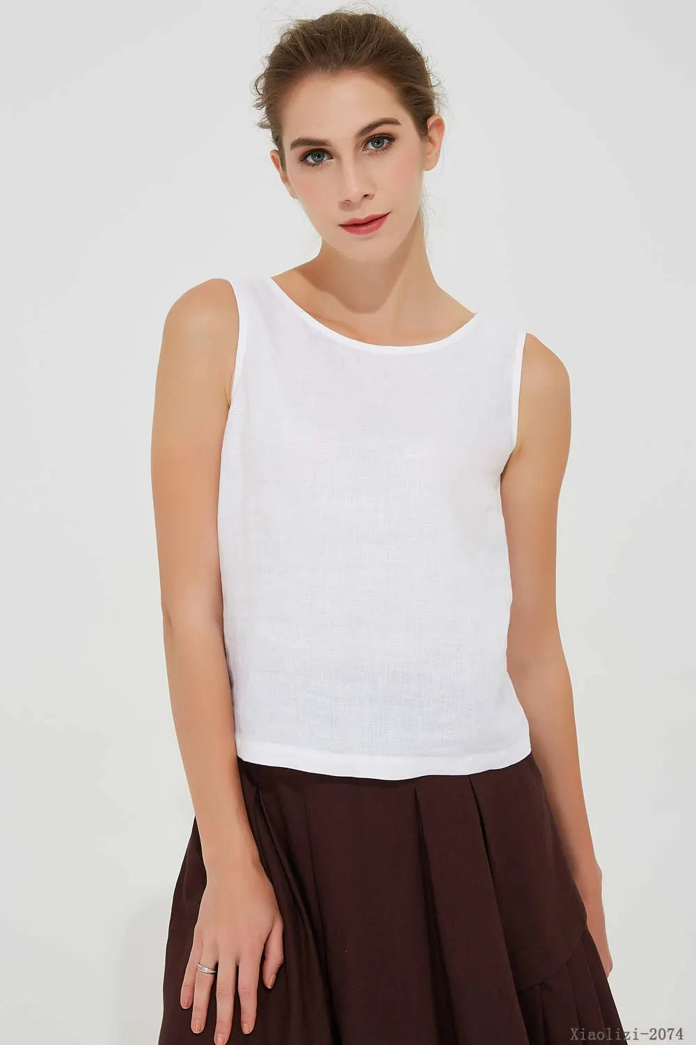 White Linen Sleeveless Tank Top - Soft Round Neck Summer Blouse 2074