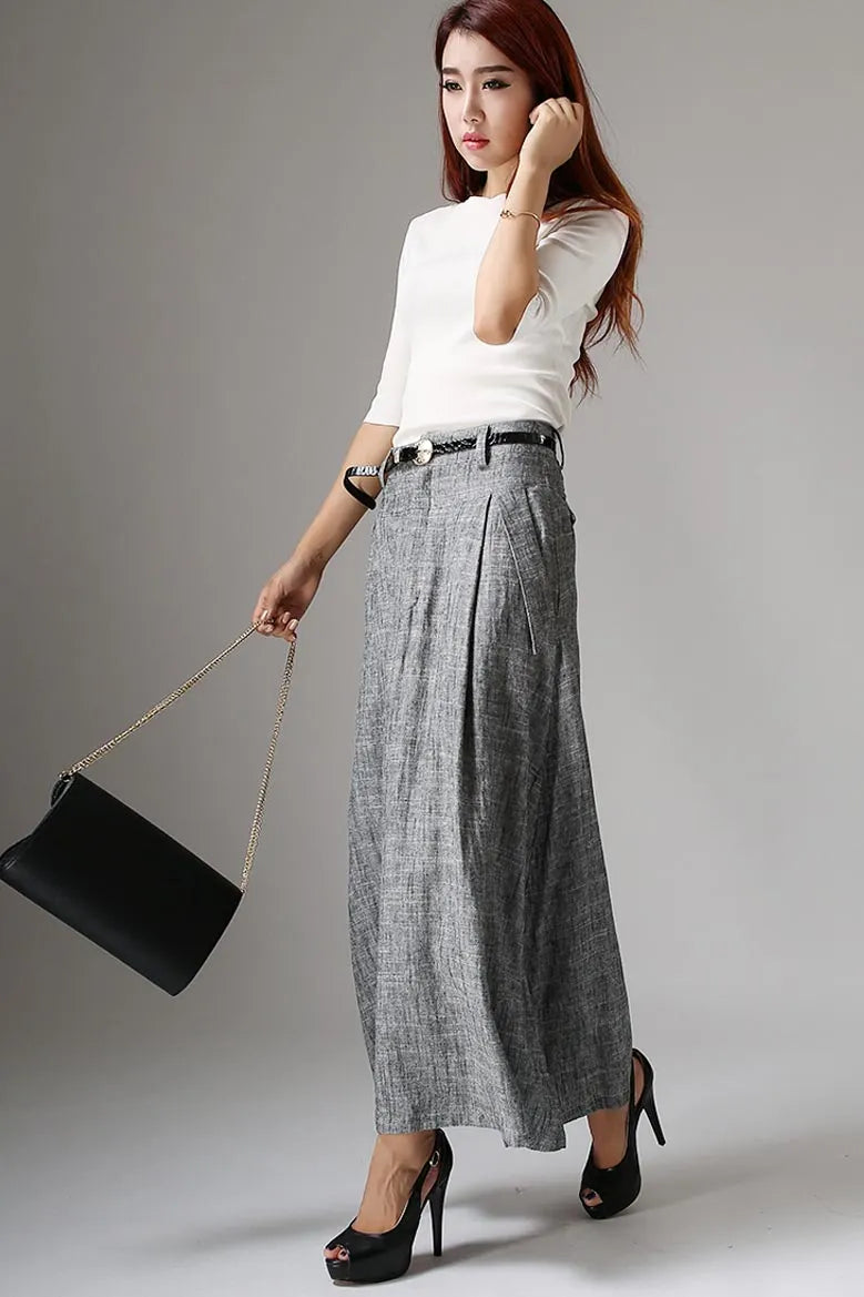 Gray Linen Maxi Skirt - Pleated Waist with Side Pockets 1039