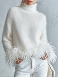 Classic Down-Proof Hem White Mohair Turtleneck Sweater