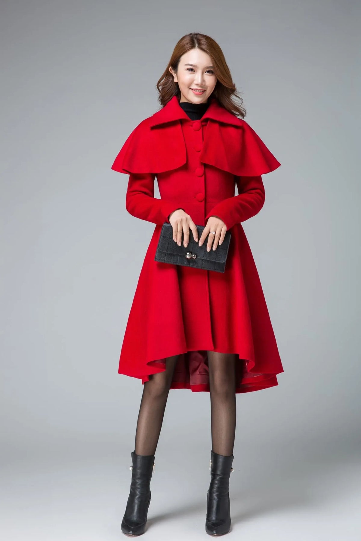 Handmade Red Wool Cape Coat – Vintage High-Low Winter Overcoat with Detachable Cape 