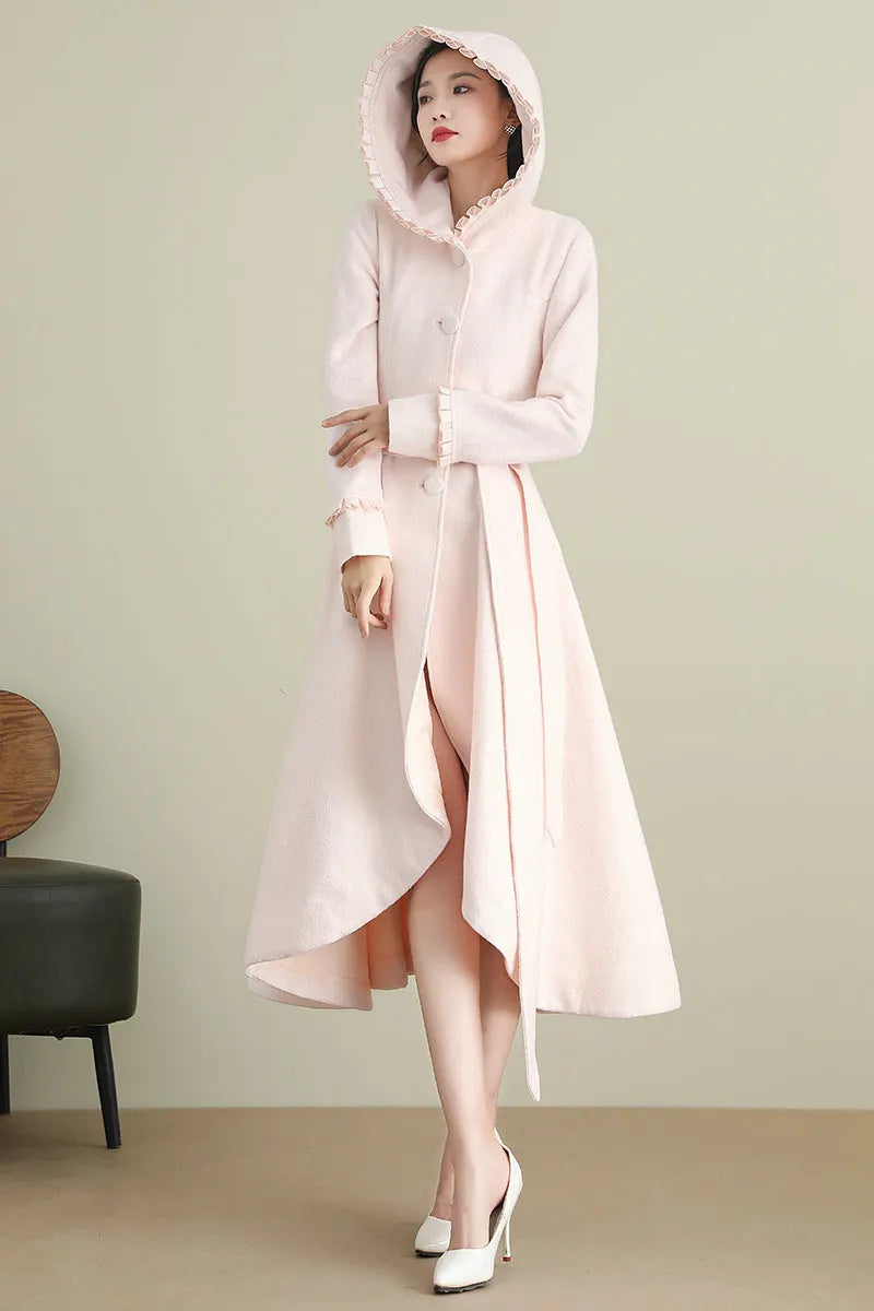 Pink Wool Coat – Women’s Hooded Asymmetrical Long Winter Coat with Belt 3901