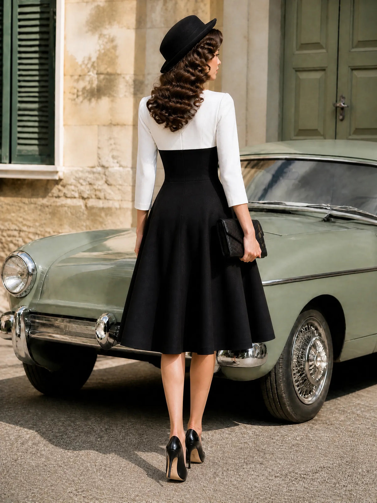 Retro Black Contrast-Bodice Bow-Detail A-Line Midi Dress