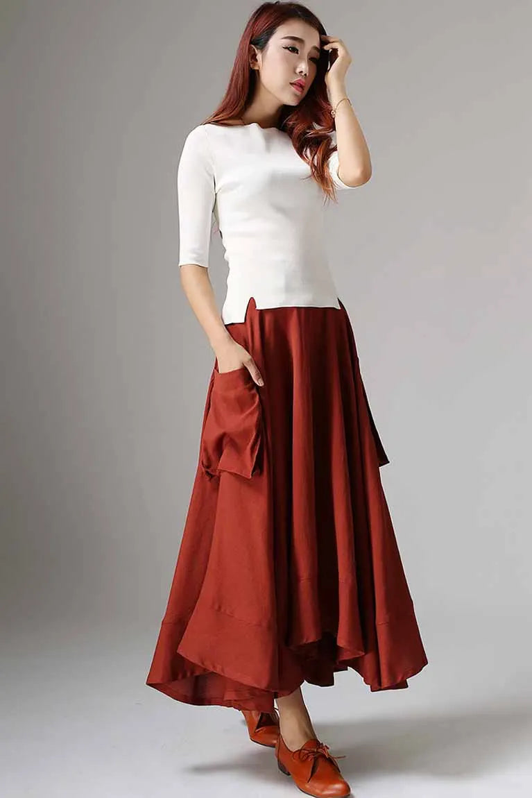 Red Linen Maxi Skirt - Asymmetric Ruffle Hem Pockets 