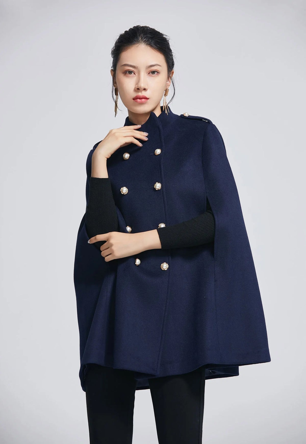 Xiaolizi Navy Wool Cape Coat for Women – Handmade Double-Breasted Winter Cape with High Collar 2279