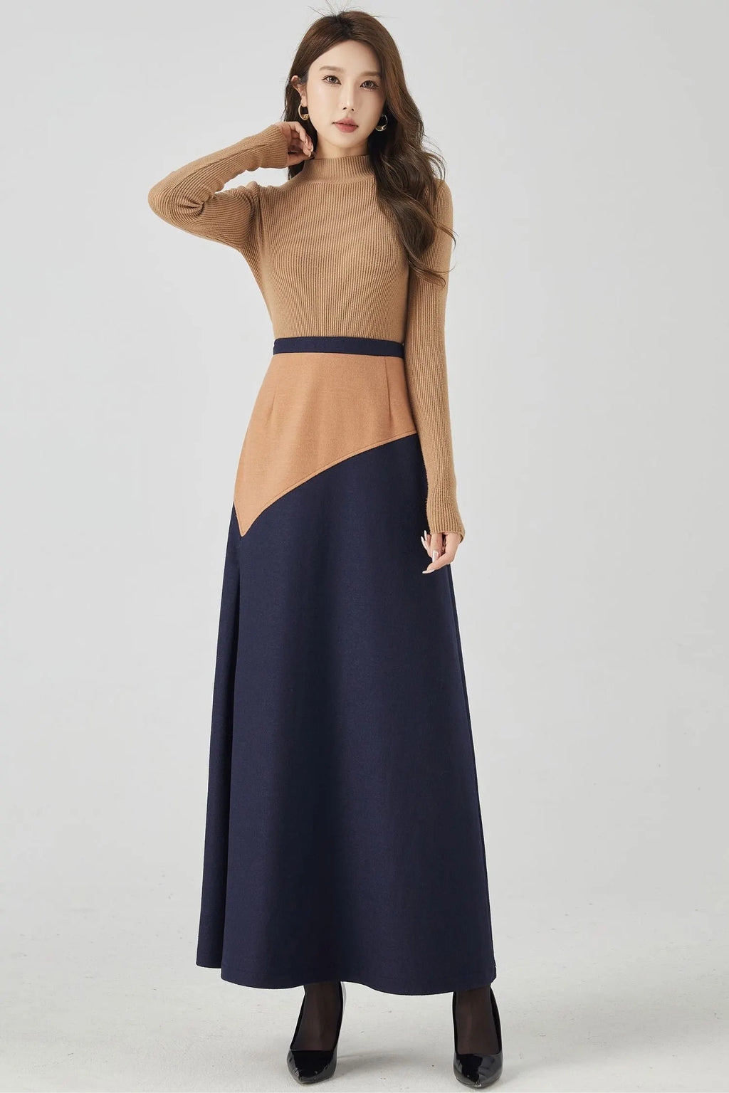 Camel and Navy Wool A-Line Maxi Skirt - Patchwork Slimming Fit 4537