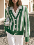 Chic Vacation-style Green And White Striped Mohair Cardigan