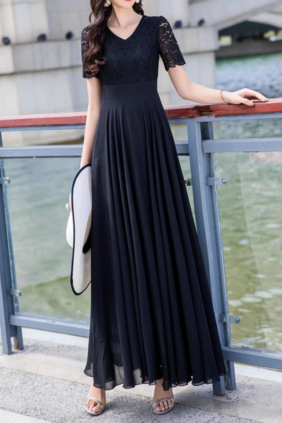 Black Chiffon Maxi Dress - Lace Top, Flowy Summer Silhouette 5025