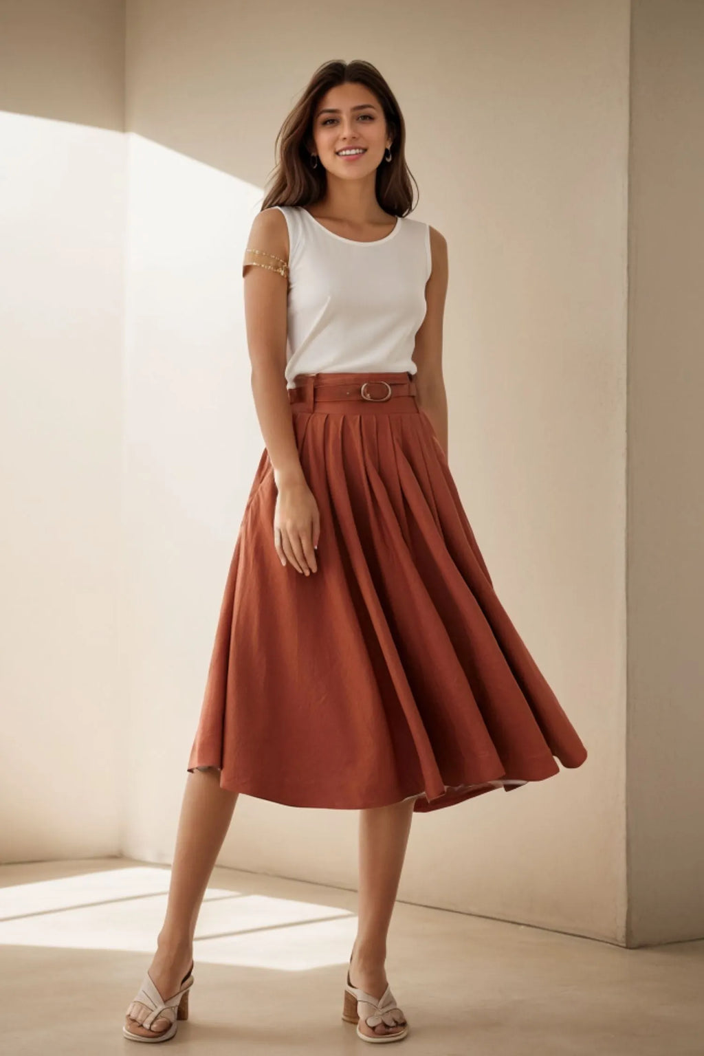 Brown Linen Midi Skirt - Pleated Full Circle Silhouette with Pockets 4976
