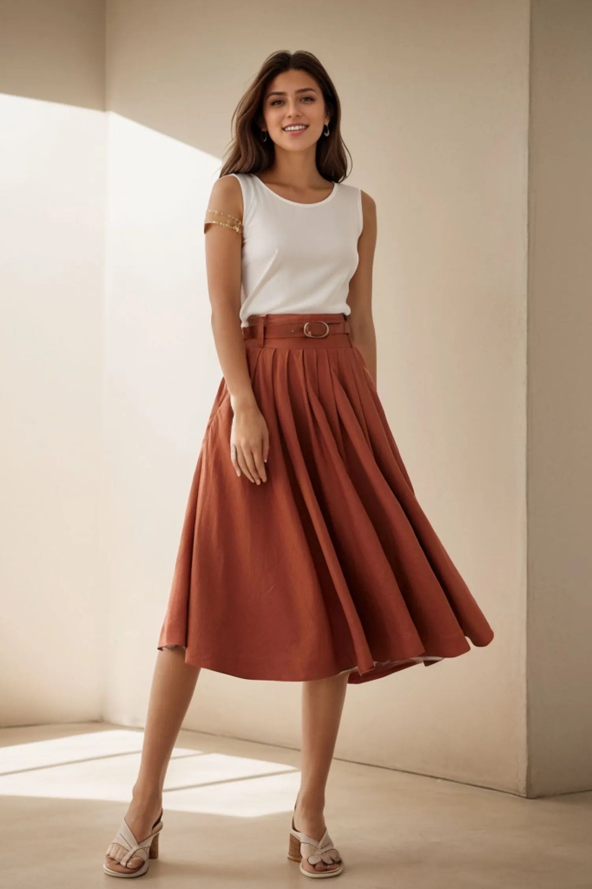 Brown Linen Midi Skirt - Pleated Full Circle Silhouette with Pockets 4976