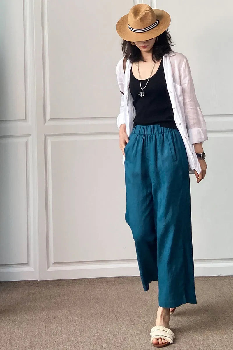 Beige Cotton Linen Wide Leg Pants - Loose Fit with Elastic Waist 3496