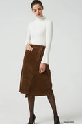 Brown Corduroy Knee Length Skirt - A-Line with Elastic Waistband 2045