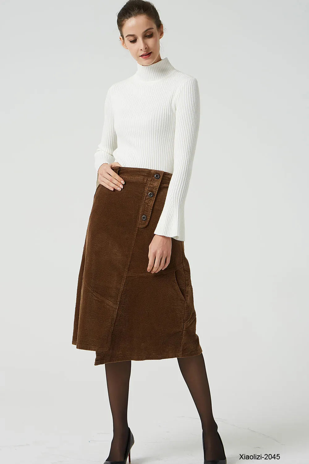 Brown Corduroy Knee Length Skirt - A-Line with Elastic Waistband 2045