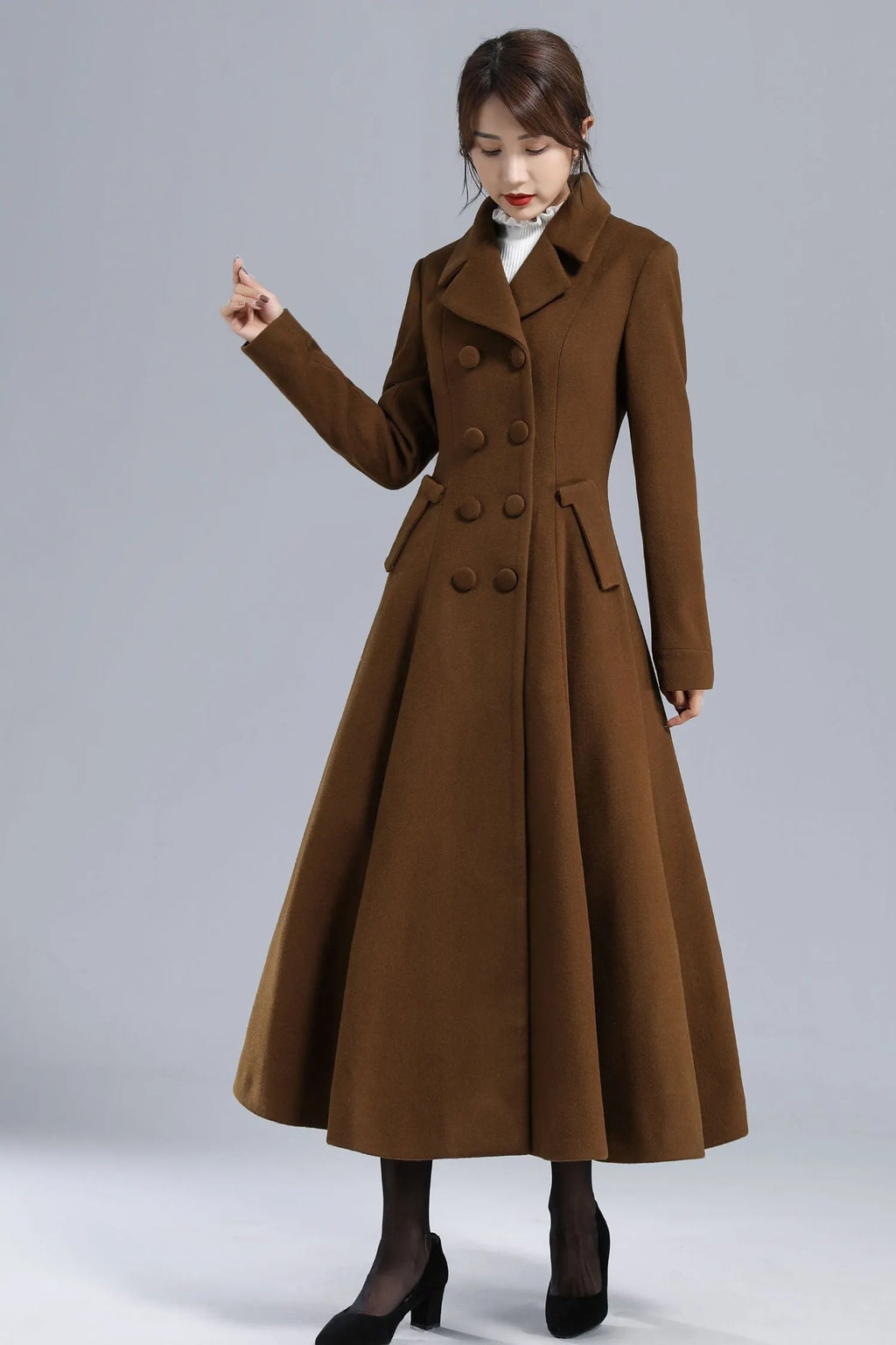 Chocolate Brown Wool Maxi Coat – Vintage Double Breasted Long Overcoat 3238