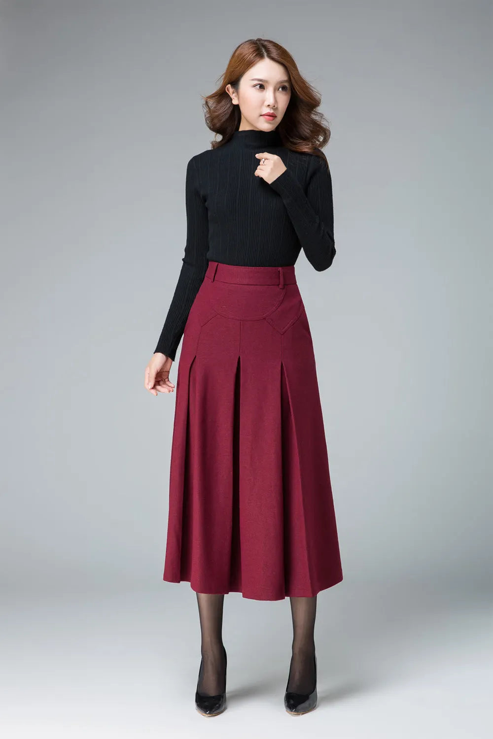 Burgundy Wool Blend Midi Skirt - A-Line Pleated Pockets 