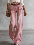 Pink Acid Wash Wide Leg Cargo Jeans