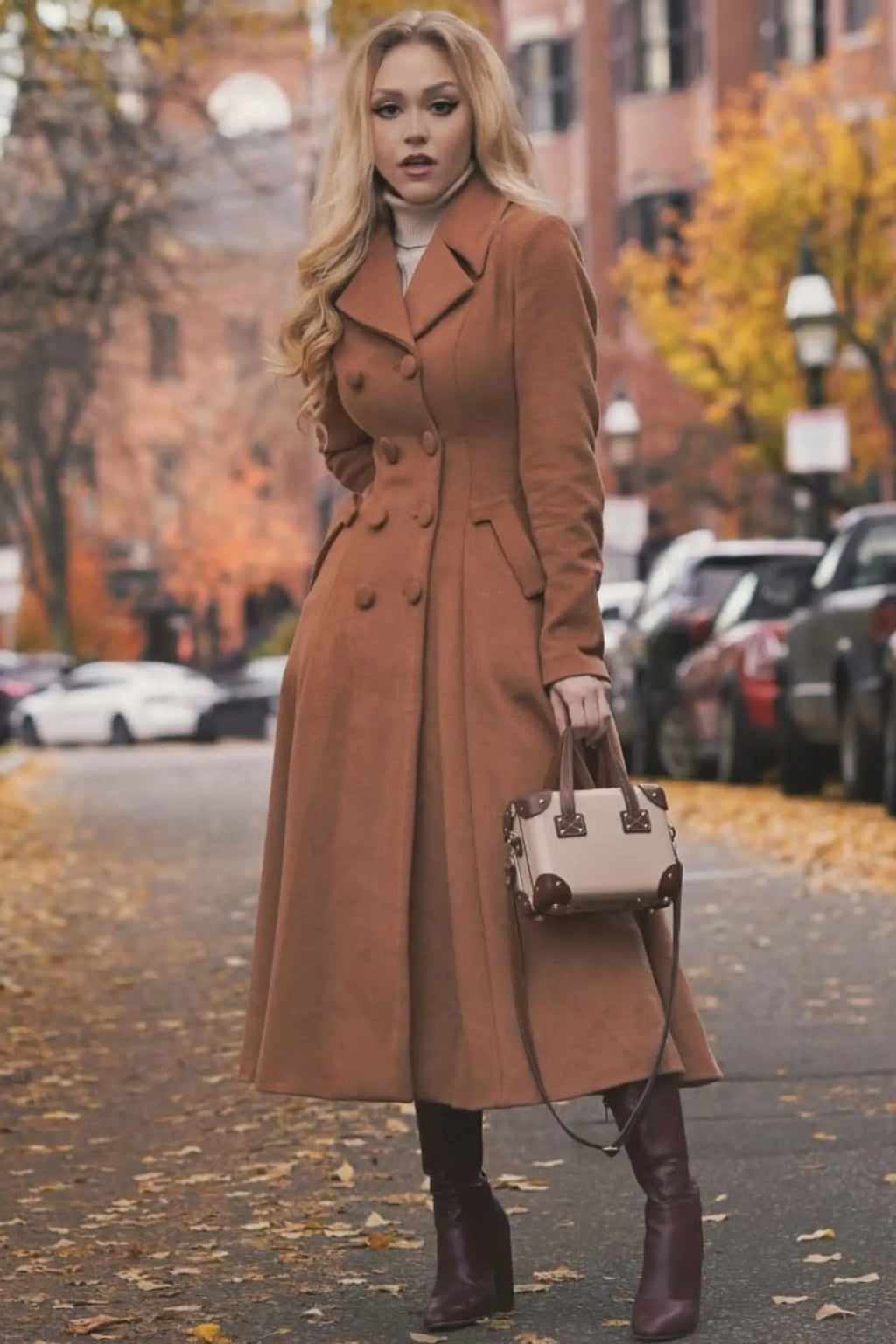Camel Wool Maxi Coat – Vintage Double Breasted A-Line Winter Overcoat 3816