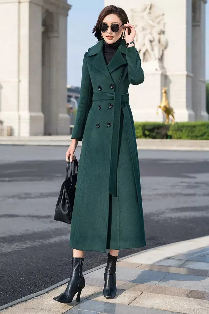 Vintage-Inspired Long Wool Coat – Women’s Belted Winter Overcoat with Pockets 3980