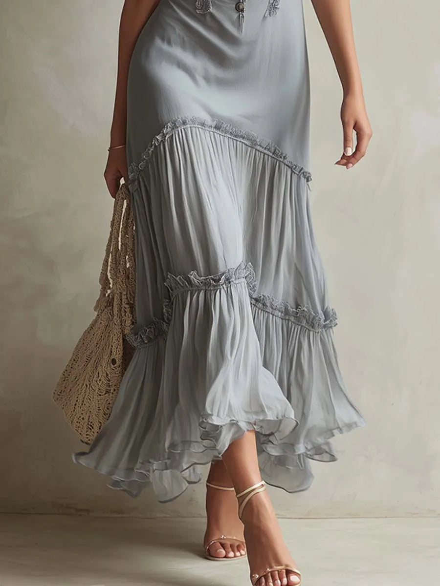 Bohemian Romantic Lace Trim Corset Chiffon Midi Dress